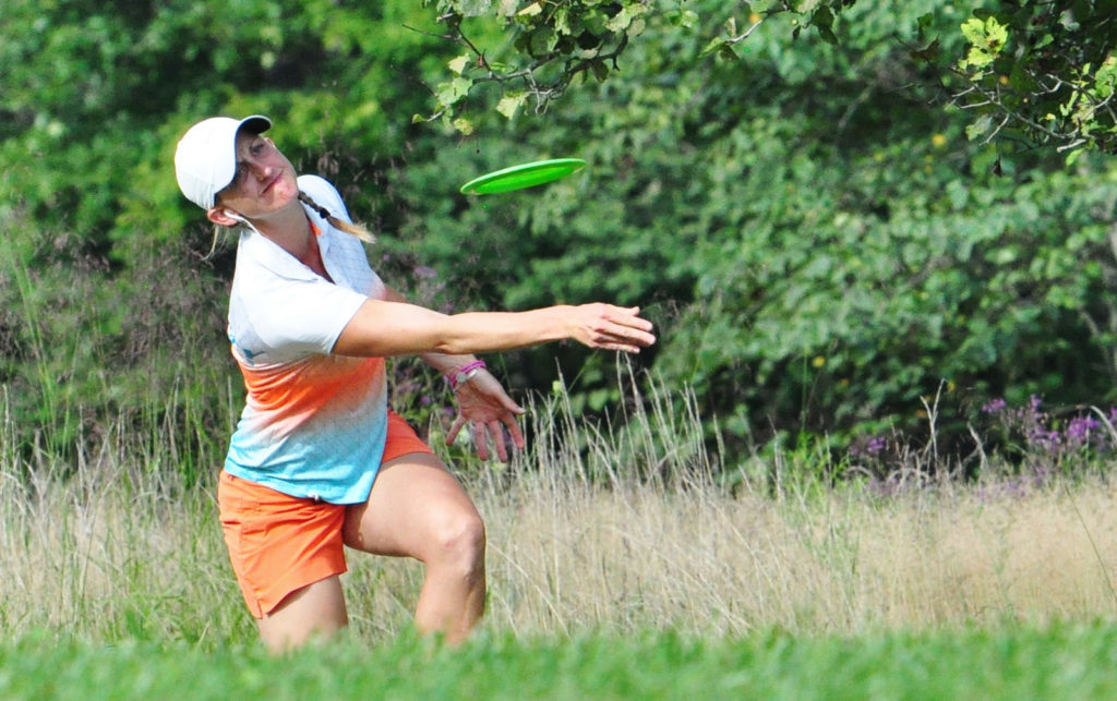 Sarah Hokom, shown above at the Brent Hambrick Memorial Open, took an early lead at the United States Women's Disc Golf Championship in Sabattus, Maine. Photo: PDGA