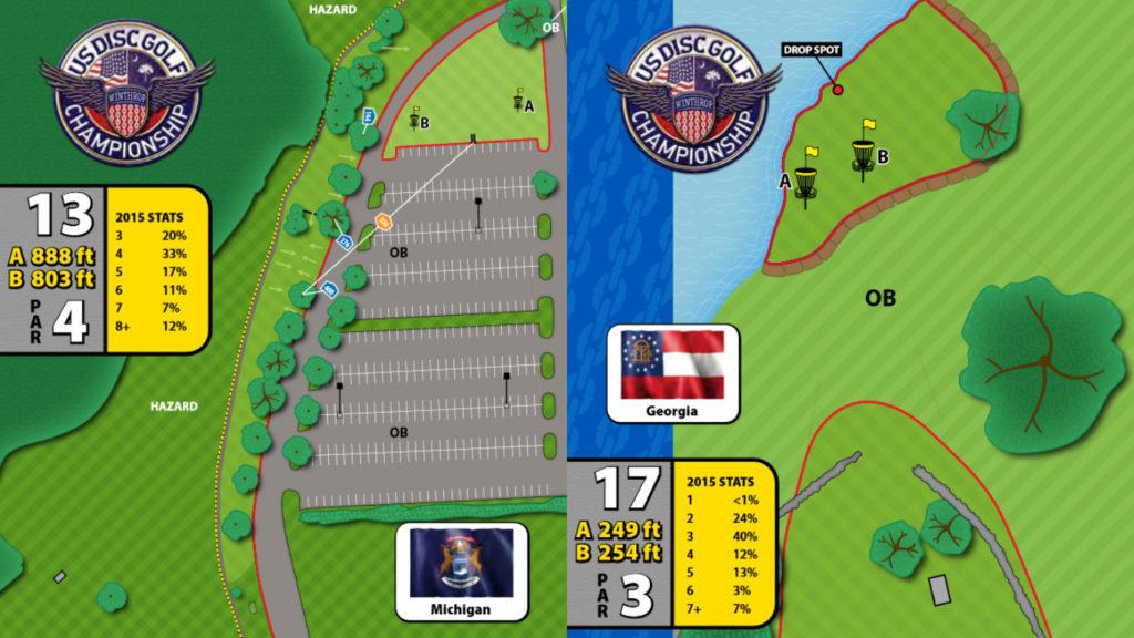 Holes 13 and 17 of the Winthrop Gold Disc Golf Course at the United States Disc Golf Championship.