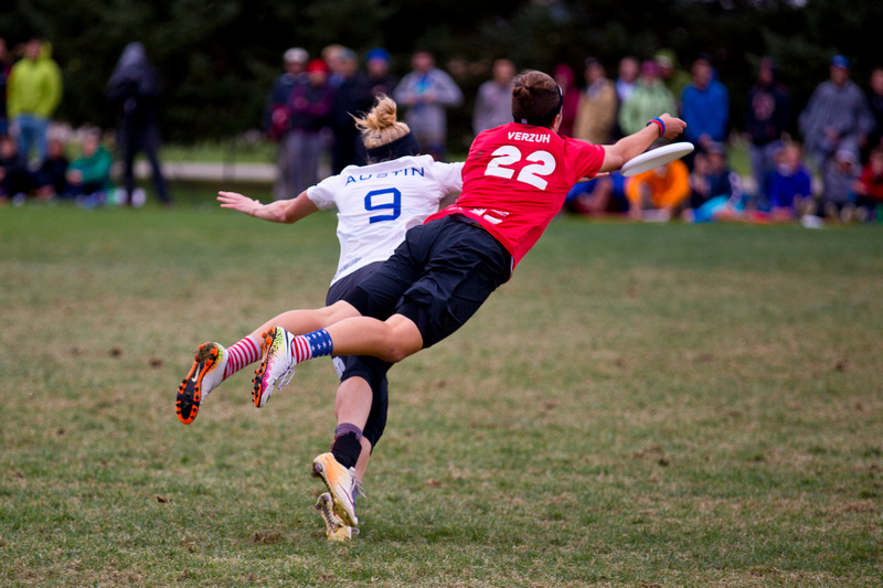 Riot's Jaclyn Verzuh lays out against Fury's Marika Austin during their 2016 Club Championship semifinal.