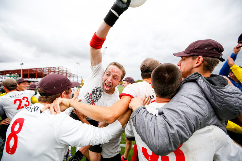 Ironside's Jeff Graham celebrates catching the tournament-winning score at the 2016 National Championships. Photo: Paul Rutherford -- UltiPhotos.com